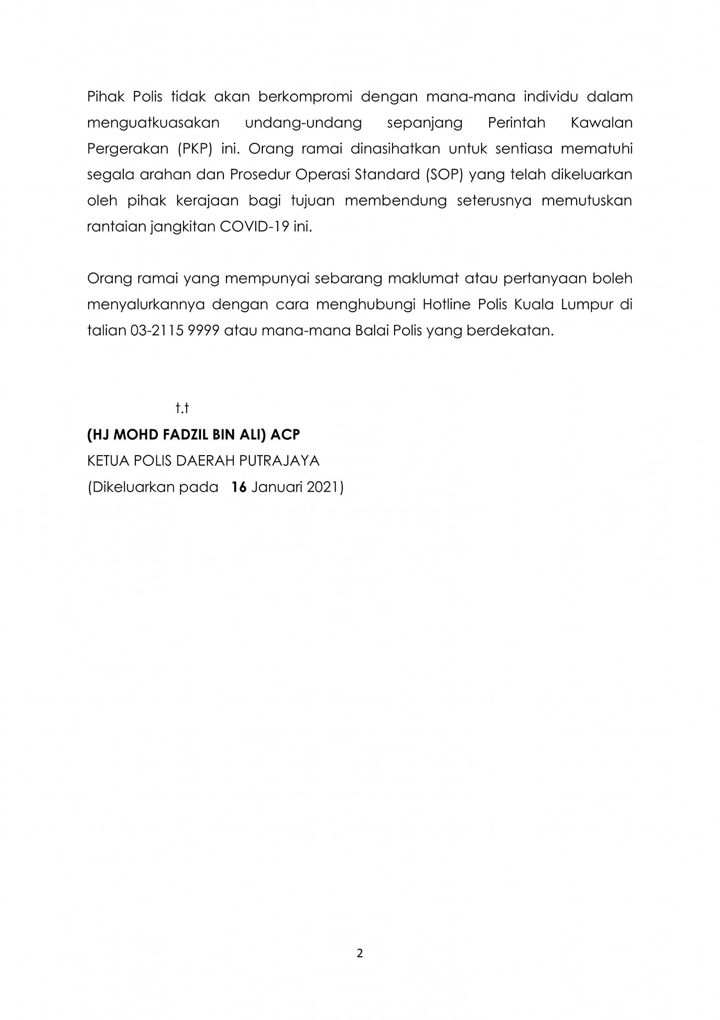 Pkp Pkpb Pkpp Covid 19 Kenyataan Media Ketua Polis Daerah Putrajaya