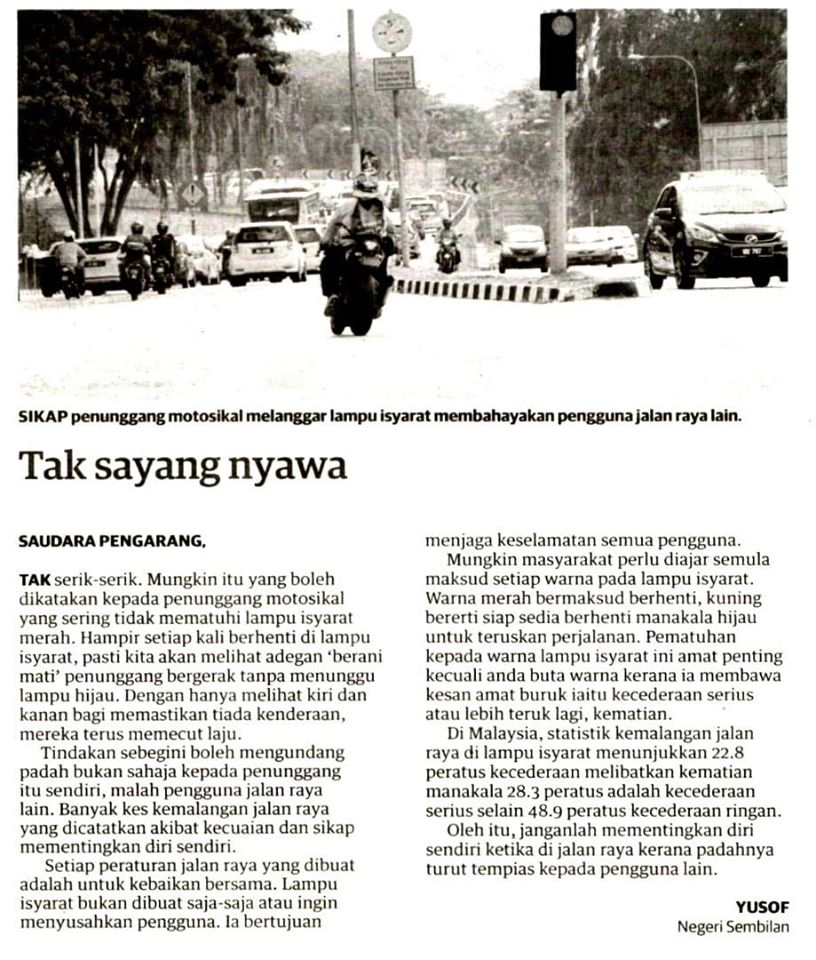 Keratan Akhbar Pilihan Tak Sayang Nyawa Langgar Lampu Isyarat
