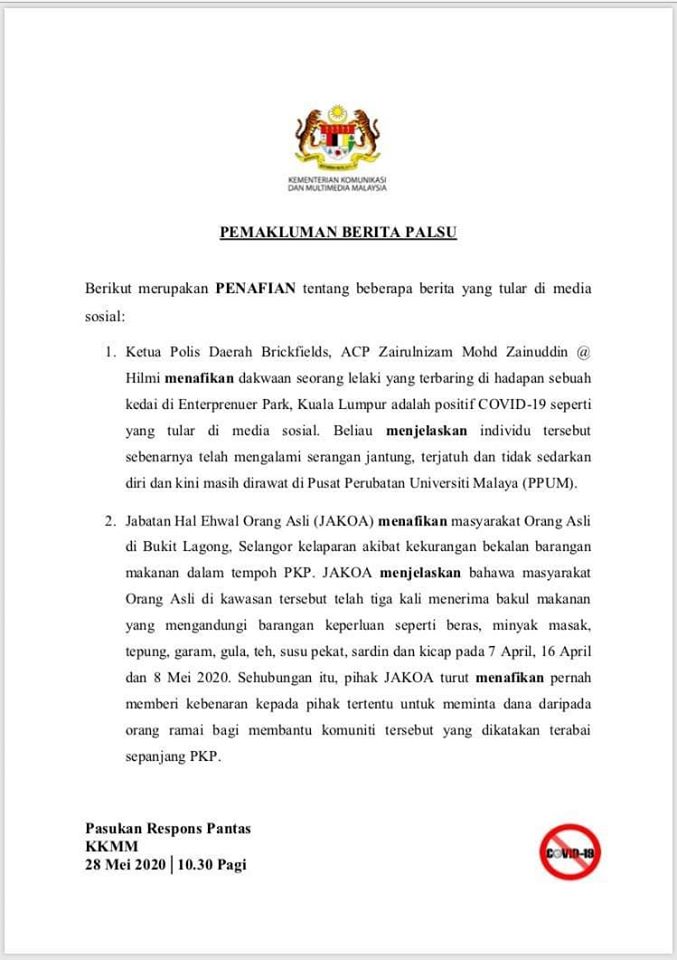 2 #PKPB #COVID-19: PENAFIAN BERITA PALSU YANG TULAR DI MEDIA SOSIAL