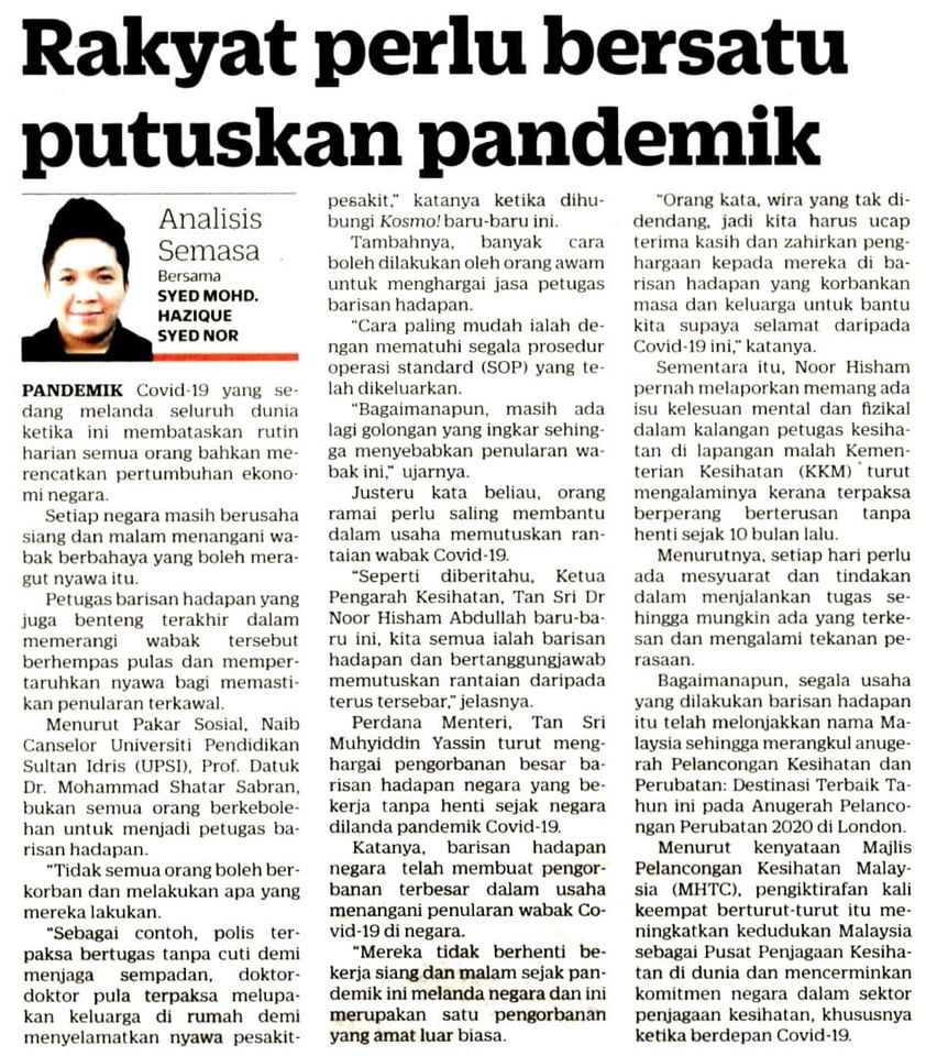 Pkpp Covid 19 Keratan Akhbar Pilihan Rakyat Perlu Bersatu Putuskan Pandemik
