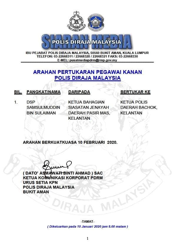 2 SIARAN MEDIA Arahan Pertukaran Pegawai Kanan Polis Diraja Malaysia