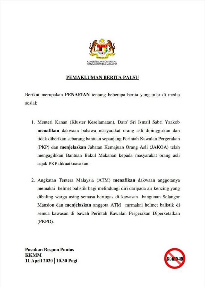 6 #COVID-19: PENAFIAN BERITA PALSU YANG TULAR DI MEDIA SOSIAL