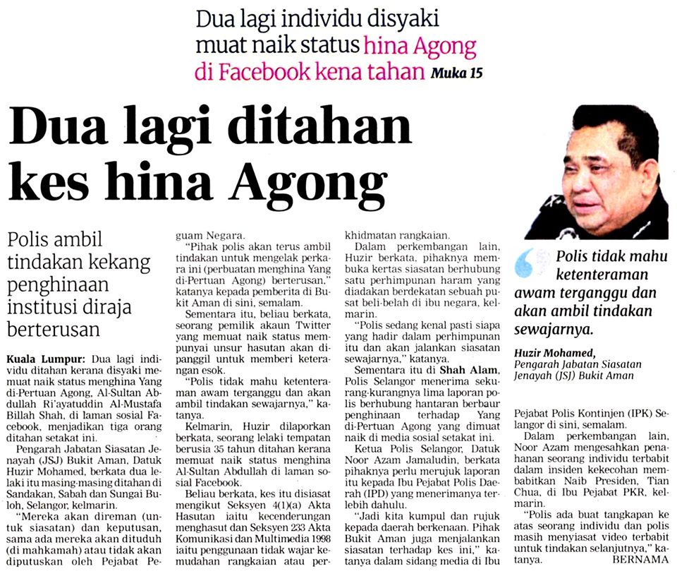 1 Keratan Akhbar Pilihan Dua Lagi Ditahan Kes Hina Agong