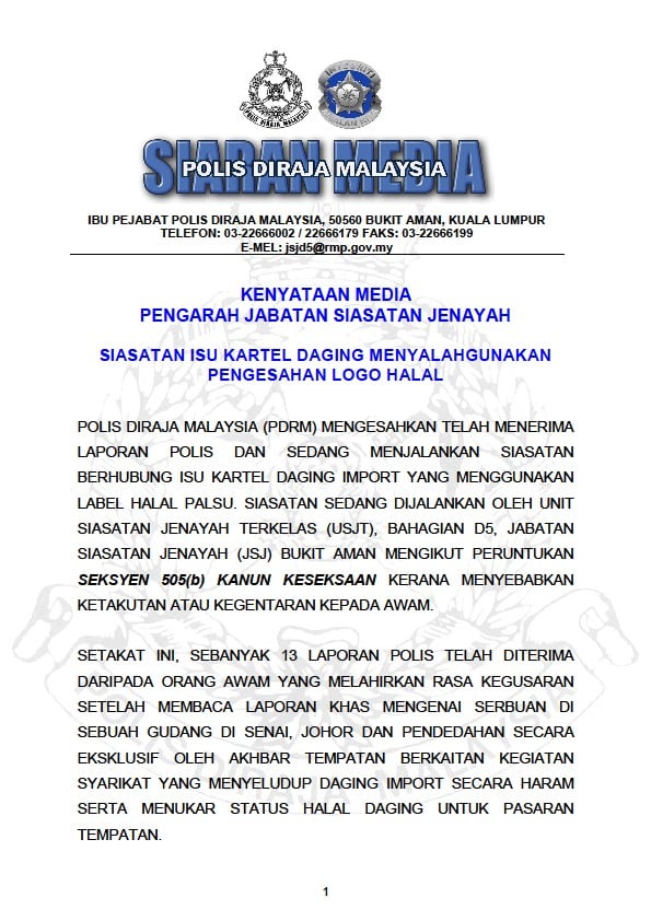 1 Kenyataan Media Pengarah Jabatan Siasatan Jenayah Siasatan Isu Kartel Daging Menyalahgunakan Pengesahan Logo Halal