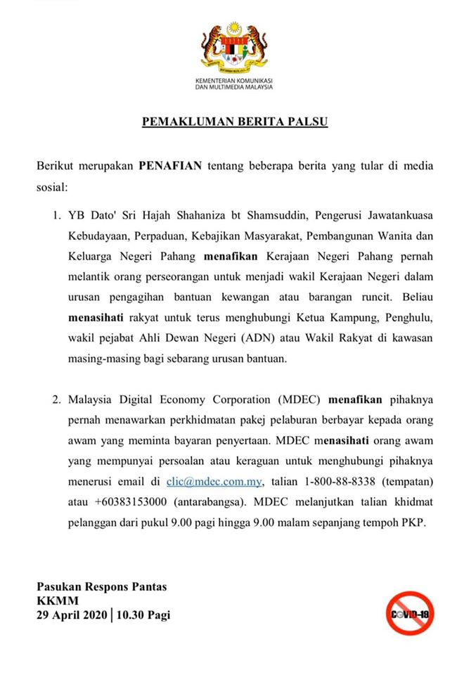 3 #COVID-19 : PENAFIAN BERITA PALSU YANG TULAR DI MEDIA SOSIAL