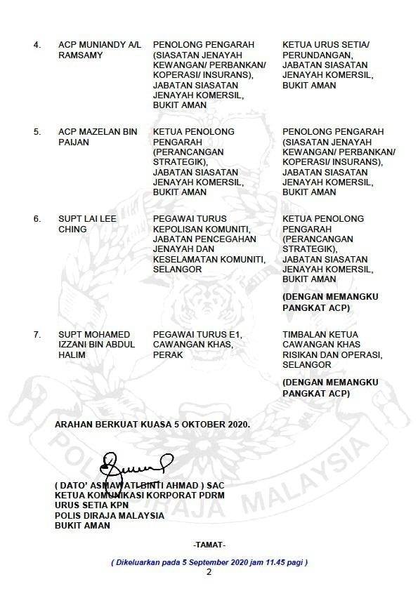2 SIARAN MEDIA Arahan Pertukaran Pegawai Kanan Polis Diraja Malaysia.