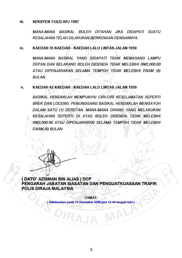 3 Kenyataan Media Pengarah Jabatan Siasatan Dan Penguatkuasaan Trafik Bukit Aman