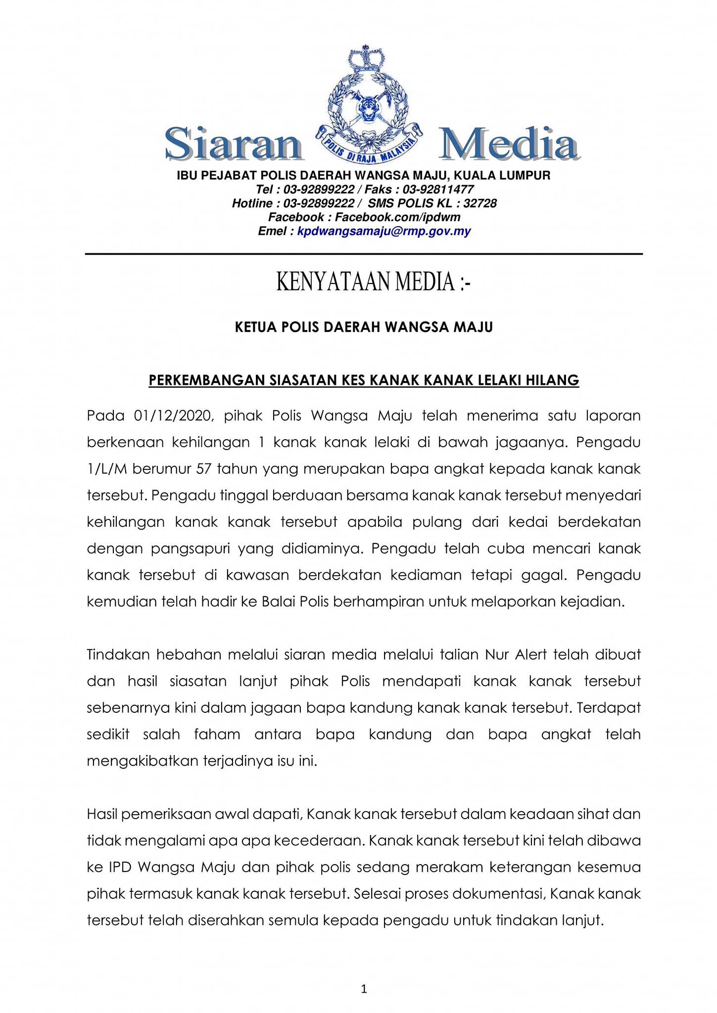 qw Update Kenyataan Media Ketua Polis Daerah Wangsa Maju Berkenaan Perkembangan Siasatan Kes Kanak Kanak Lelaki Hilang