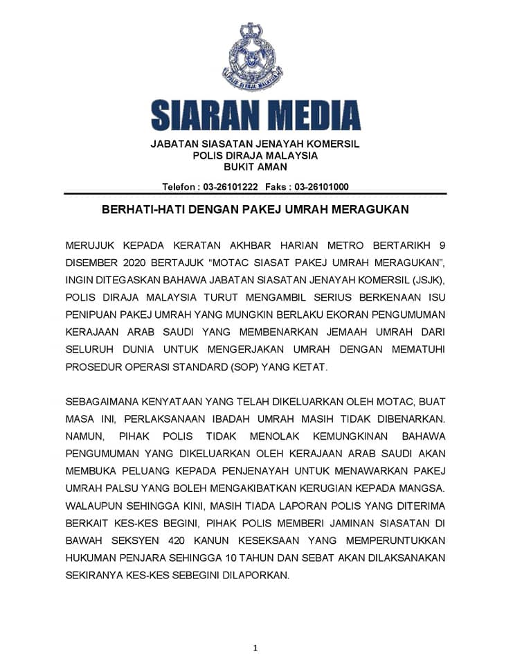 SIARAN MEDIA PENGARAH JABATAN SIASATAN JENAYAH KOMERSIL