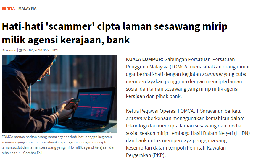 Covid 19 Scam Alert Artikel Pilihan Hati Hati Scammer Cipta Laman Sesawang Mirip Milik Agensi Kerajaan Bank