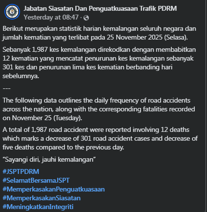 STATISTIK HARIAN KEMALANGAN SELURUH NEGARA TAHUN 2025