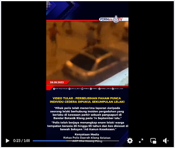 280923 Video Tular Perselisihan Faham Punca Individu Cedera Dipukul Sekumpulan Lelaki