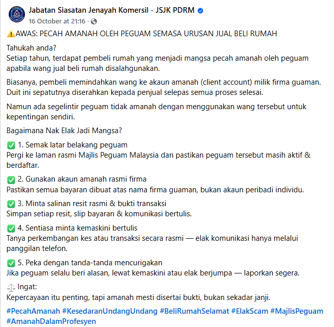 Posting Pilihan Awas Pecah Amanah Oleh Peguam Semasa Urusan Jual Beli Rumah