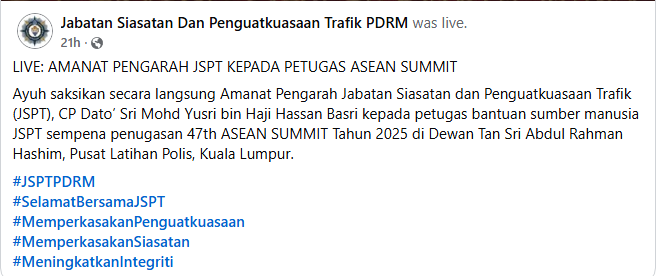 Live Asean Summit 2025 Amanat Pengarah Jspt Kepada Para Petugas
