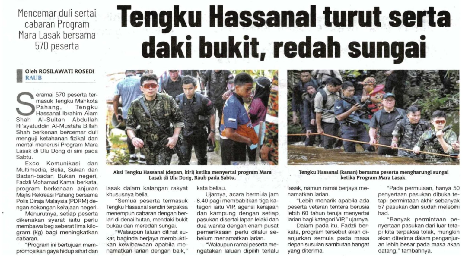 Keratan Akhbar Pilihan Tengku Hassanal Mencemar Duli Sertai Cabaran Program Mara Lasak Bersama 570 Peserta