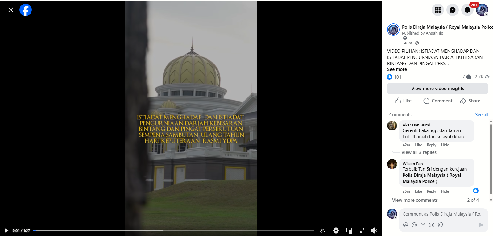 VIDEO PILIHAN: ISTIADAT MENGHADAP DAN ISTIADAT PENGURNIAAN DARJAH KEBESARAN, BINTANG DAN PINGAT PERSEKUTUAN SEMPENA SAMBUTAN ULANG TAHUN HARI KEPUTERAAN YANG DI