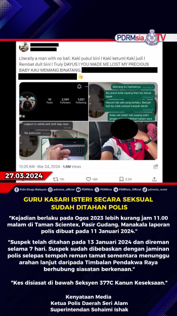 Video Tular Guru Kasari Isteri Secara Seksual Sudah Ditahan Polis