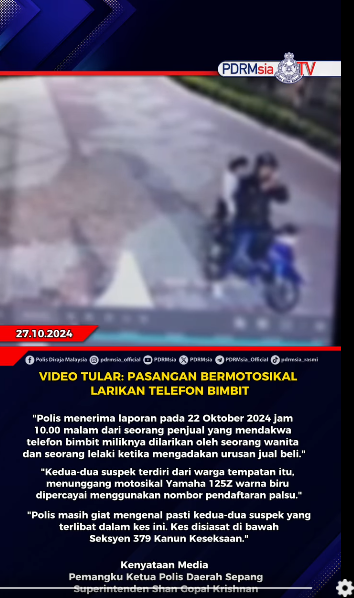 Video Tular Pasangan Bermotosikal Larikan Telefon Bimbit