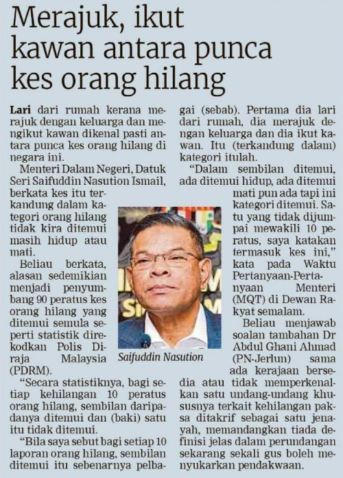 Keratan Akhbar Pilihan Merajuk Ikut Kawan Antara Punca Kes Orang Hilang