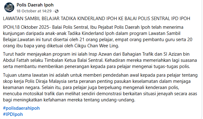 Posting Pilihan Polis Sentral Ceriakan Murid Murid Tadika Kinderliand Ipoh