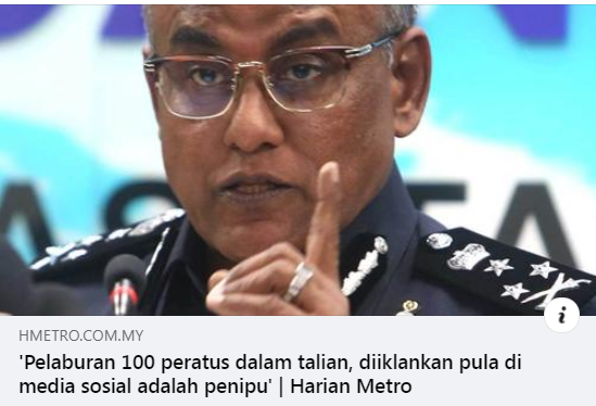 #BeSmartStayAlert #LetsFightScammerTogether ARTIKEL PILIHAN: ‘PELABURAN 100 PERATUS DALAM TALIAN, DIIKLANKAN PULA DI MEDIA SOSIAL ADALAH PENIPU’ - PENGARAH