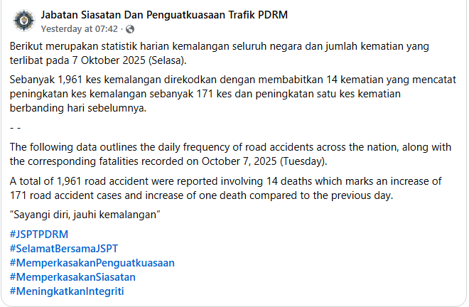 STATISTIK HARIAN KEMALANGAN SELURUH NEGARA TAHUN 2025