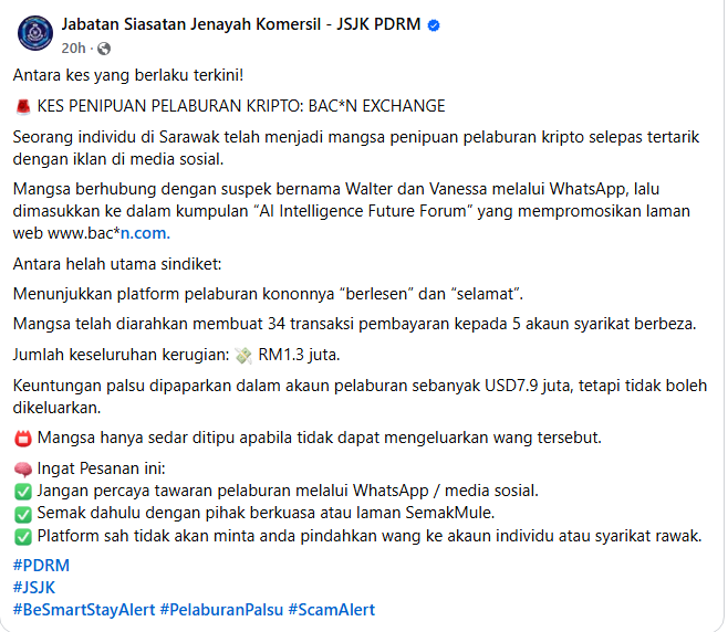 Posting Pilihan Scam Alert Awas Penipuan Pelaburan Kripto Bac N Exchange
