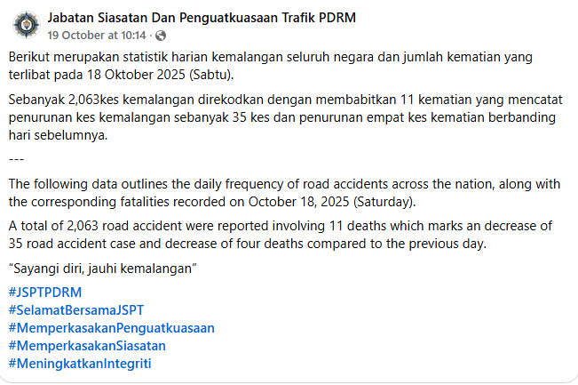 Statistik Harian Kemalangan Seluruh Negara Tahun 2025 18 Oktober 2025