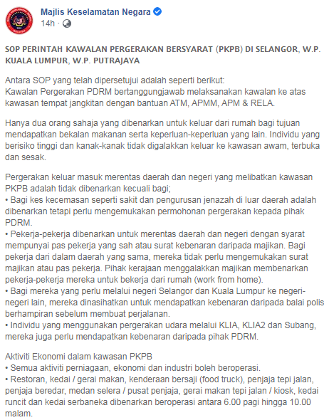Pkpb Covid 19 Hebahan Sop Pkpb Bagi Negeri Selangor Wilayah Persekutuan Kuala Lumpur Dan Wilayah Persekutuan Putrajaya