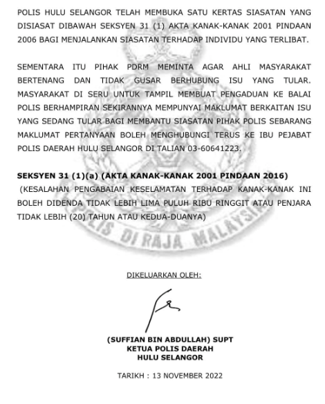 Isu Tular Kenyataan Media Ketua Polis Daerah Hulu Selangor
