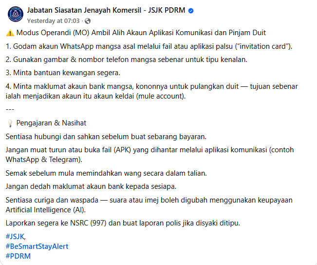 Posting Pilihan Waspada Penipuan Ambil Alih Akaun Aplikasi Komunikasi Dan Pinjam Duit
