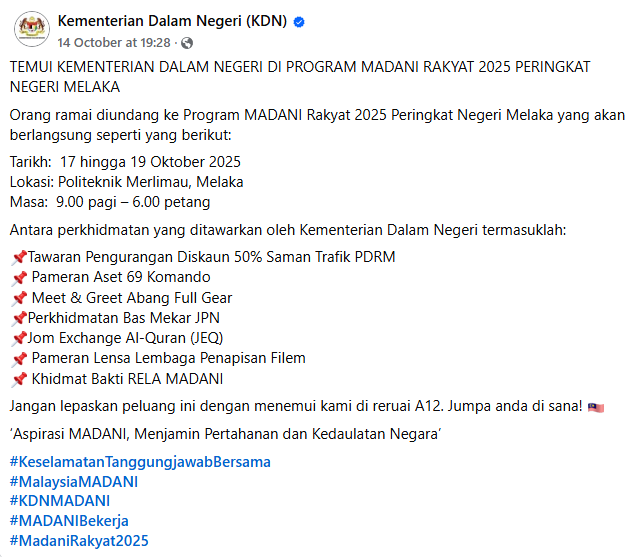 Hebahan Program Madani Rakyat 2025 Peringkat Negeri Melaka Tawaran Diskaun