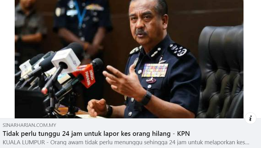 Artikel Pilihan Tidak Perlu Tunggu 24 Jam Untuk Lapor Kes Orang Hilang Kpn