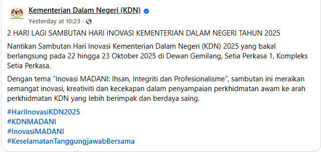 Hebahan Countdown Sambutan Hari Inovasi Kementerian Dalam Negeri Tahun 2025 2 Hari Lagi