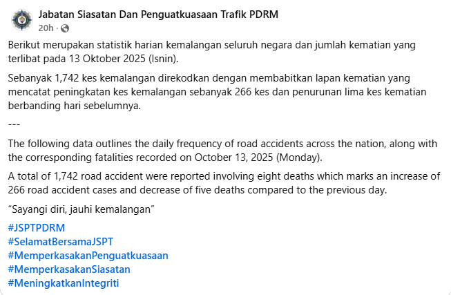 Statistik Harian Kemalangan Seluruh Negara Tahun 2025 13 Oktober 2025