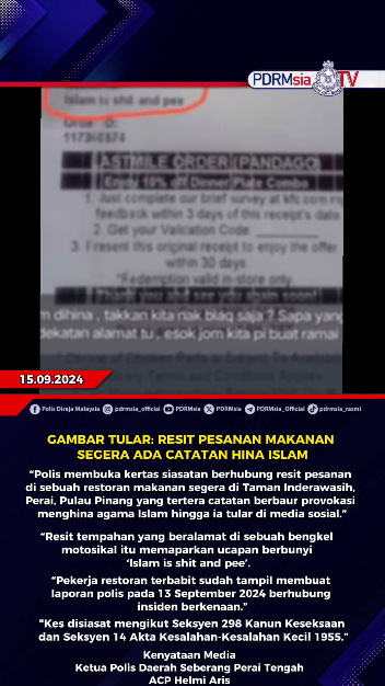 Isu Tular Resit Pesanan Makan Segera Ada Catatan Hina Islam
