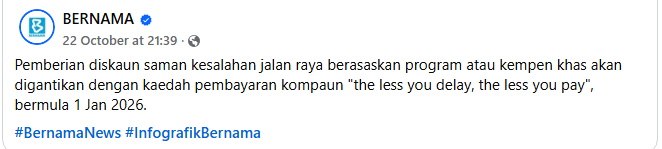 Posting Pilihan Kaedah Bayaran Saman Baharu Bermula 1 Januari 2026