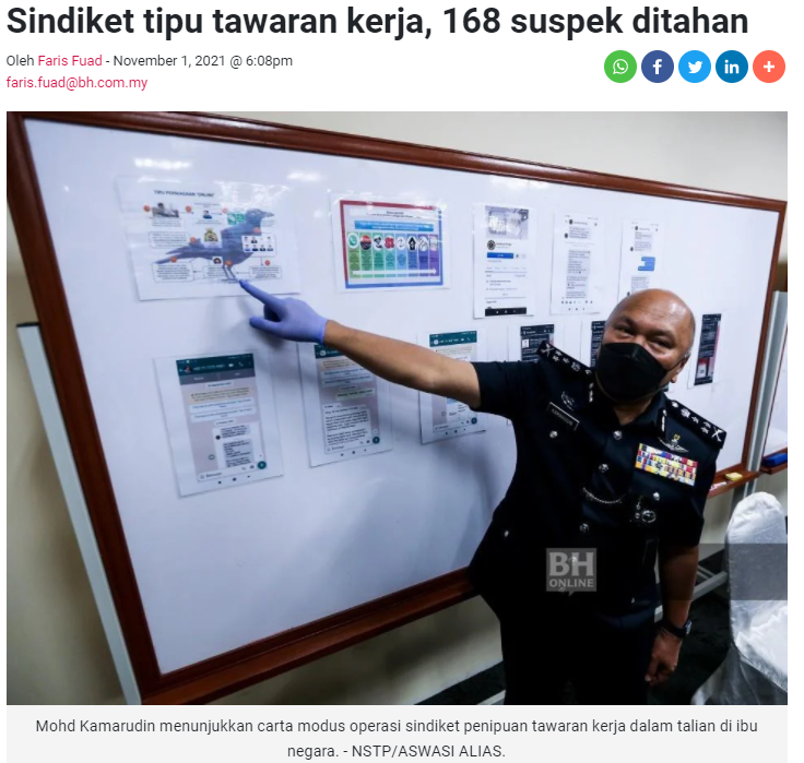 Artikel Pilihan Scam Alert Sindiket Tipu Tawaran Kerja 168 Suspek Ditahan