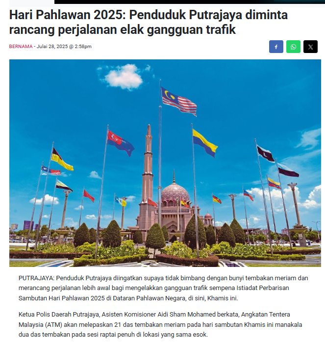 [ARTIKEL PILIHAN] HARI PAHLAWAN 2025: PENDUDUK PUTRAJAYA DIMINTA RANCANG PERJALANAN ELAK GANGGUAN TRAFIK
