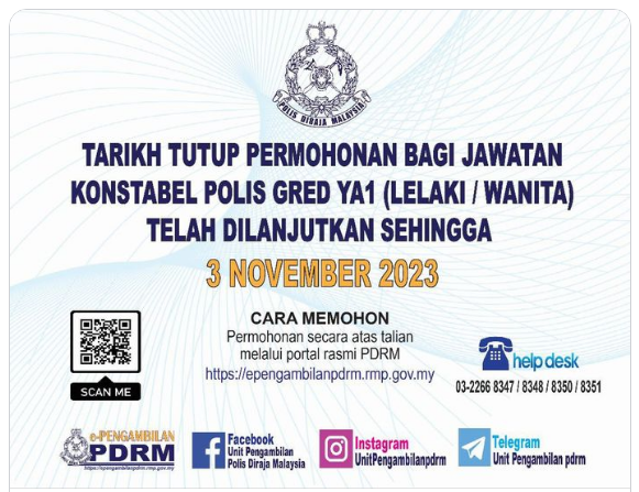 Hebahan Lanjutan Permohonan Jawatan Konstabel Polis Gred Ya1 Lelaki Dan Wanita