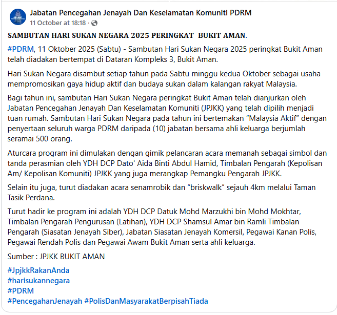 Posting Pilihan Hari Sukan Negara 2025 Peringkat Bukit Aman Disambut Meriah