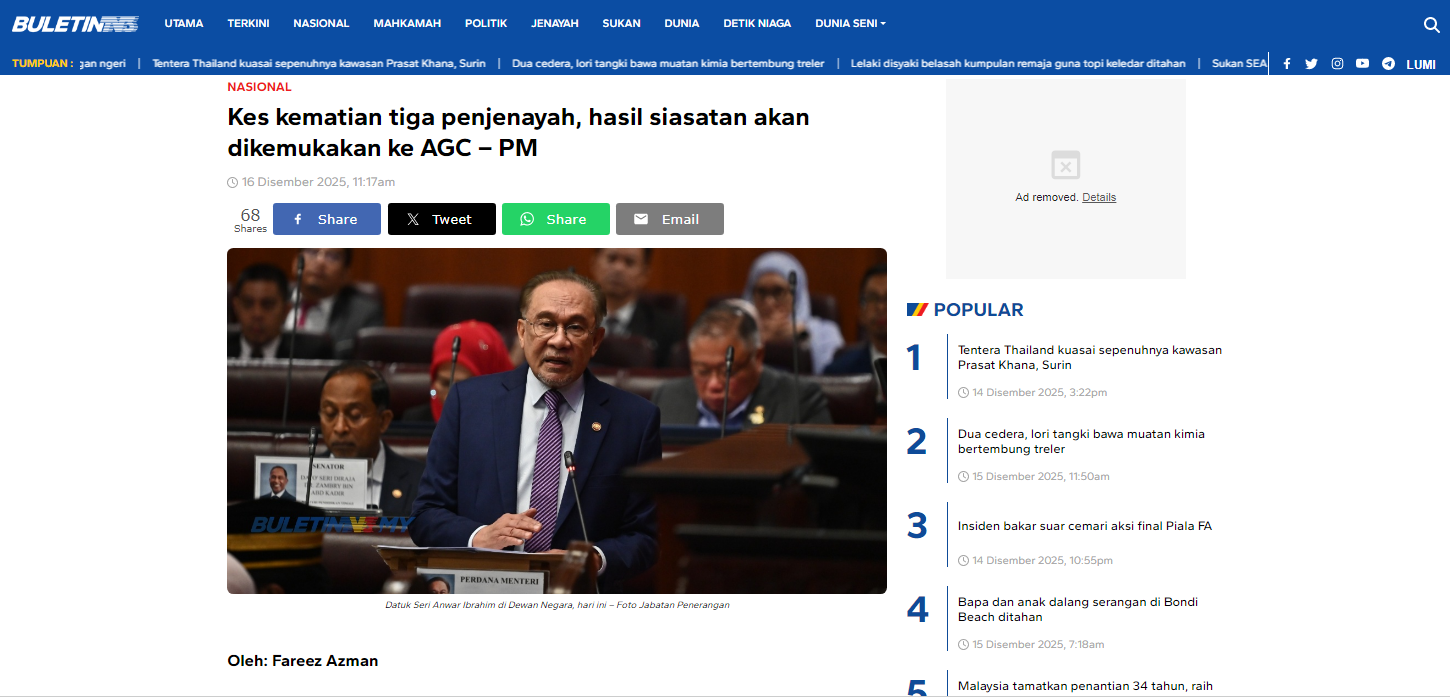 Artikel Pilihan Kes Kematian Tiga Penjenayah Hasil Siasatan Akan Dikemukakan Ke Agc Pm