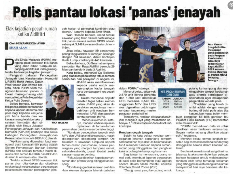 Keratan Akhbar Pilihan Polis Pantau Lokasi Panas Jenayah Pengarah Jpjkk
