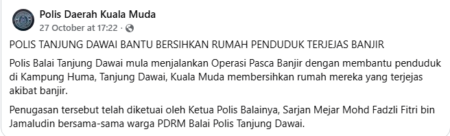 Posting Pilihan Warga Balai Polis Tanjung Dawai Berganding Bahu Bersihkan Kediaman Penduduk Terjejas Banjir