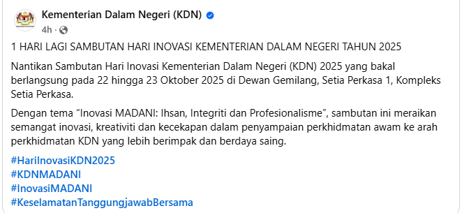 Hebahan Countdown Sambutan Hari Inovasi Kementerian Dalam Negeri Tahun 2025 1 Hari Lagi