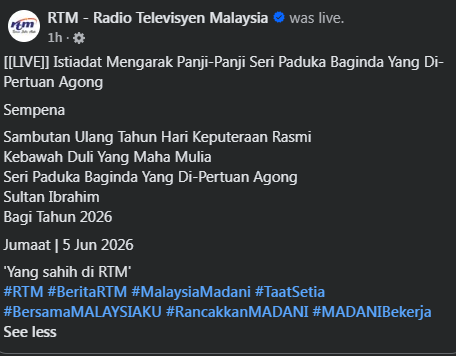Live Istiadat Mengarak Panji Panji Sempena Sambutan Ulang Tahun Hari Keputeraan Rasmi Kdymm Seri Paduka Baginda Yang Di Pertuan Agong Tahun 2026