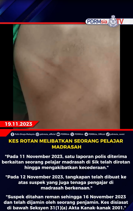 Video Tular Kes Rotan Melibatkan Seorang Pelajar Madrasah