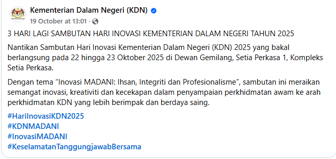 Hebahan Countdown Sambutan Hari Inovasi Kementerian Dalam Negeri Tahun 2025 3 Hari Lagi