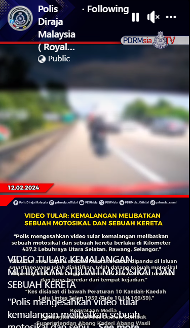 Video Tular Kemalangan Melibatkan Sebuah Motosikal Dan Sebuah Kereta