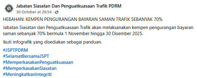 Hebahan Kempen Pengurangan Bayaran Saman Trafik Sebanyak 70